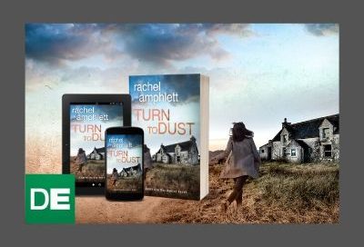 Composite image showing the cover for Turn to Dust in print, on a tablet and on a smartphone against a backdrop of the cover